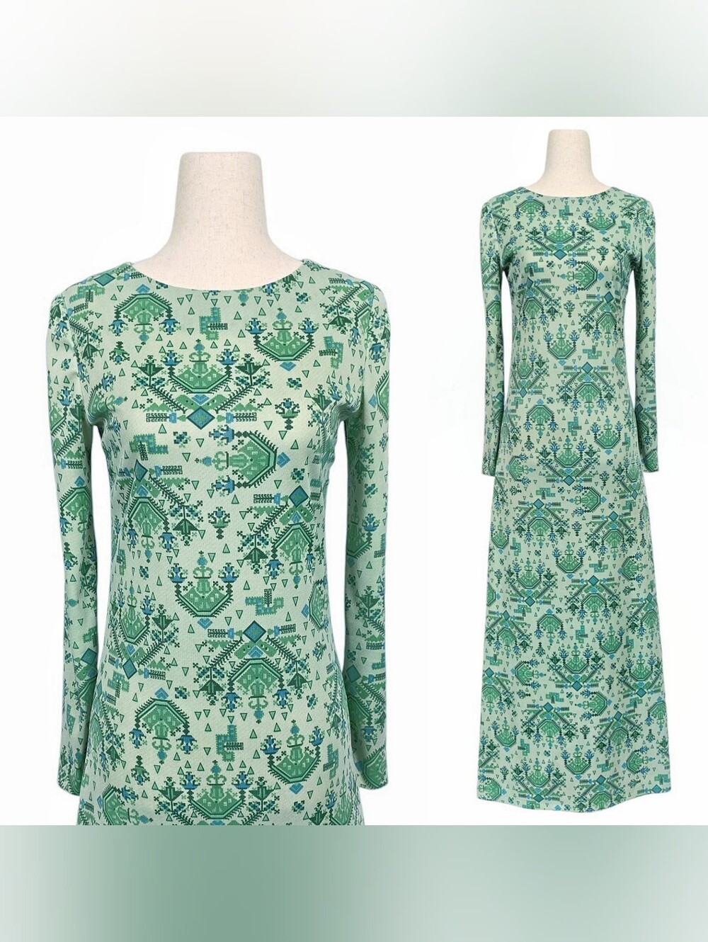 1970s Vintage Dress 70s Maxi Green Aztec Print Novelty Long Sleeves Blue XS 2/4